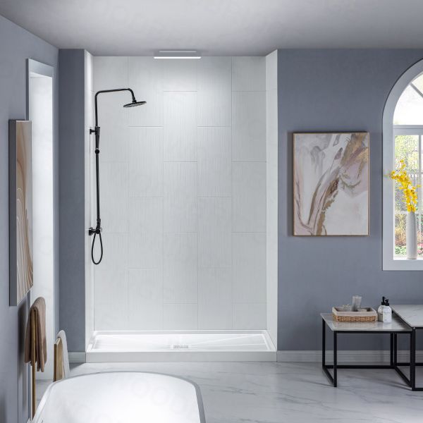  WOODBRIDGE SWP603296-3-SB-M Solid Surface 3-Panel Shower Wall Kit, 32-in L x 60-in W x 96-in H, Stacked Block in a Staggered Vertical Pattern. Matte Finish, White_8462