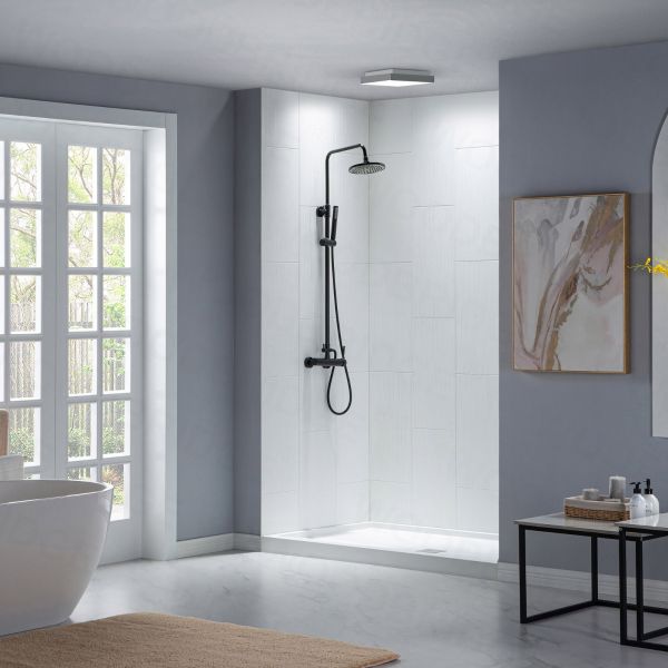  WOODBRIDGE SWP603296-3-SB-M Solid Surface 3-Panel Shower Wall Kit, 32-in L x 60-in W x 96-in H, Stacked Block in a Staggered Vertical Pattern. Matte Finish, White_8463