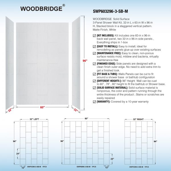  WOODBRIDGE SWP603296-3-SB-M Solid Surface 3-Panel Shower Wall Kit, 32-in L x 60-in W x 96-in H, Stacked Block in a Staggered Vertical Pattern. Matte Finish, White_8468