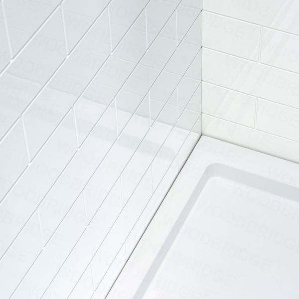  WOODBRIDGE SWP603696-1-SU-H Solid Surface 3-Panel Shower Wall Kit, 36-in L x 60-in W x 96-in H, Staggered Brick Pattern, High Gloss, White_8473