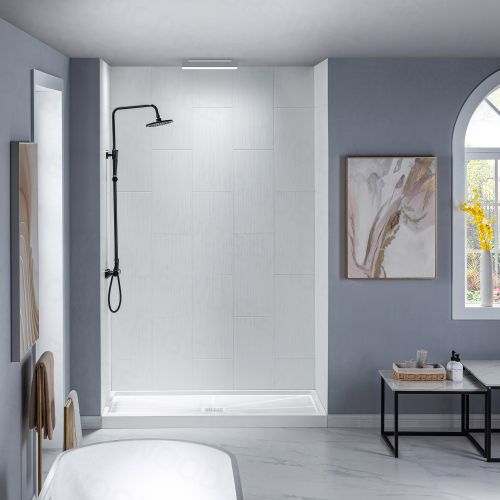 WOODBRIDGE SWP603296-3-SB-M Solid Surface 3-Panel Shower Wall Kit, 32-in L x 60-in W x 96-in H, Stacked Block in a Staggered Vertical Pattern. Matte Finish, White