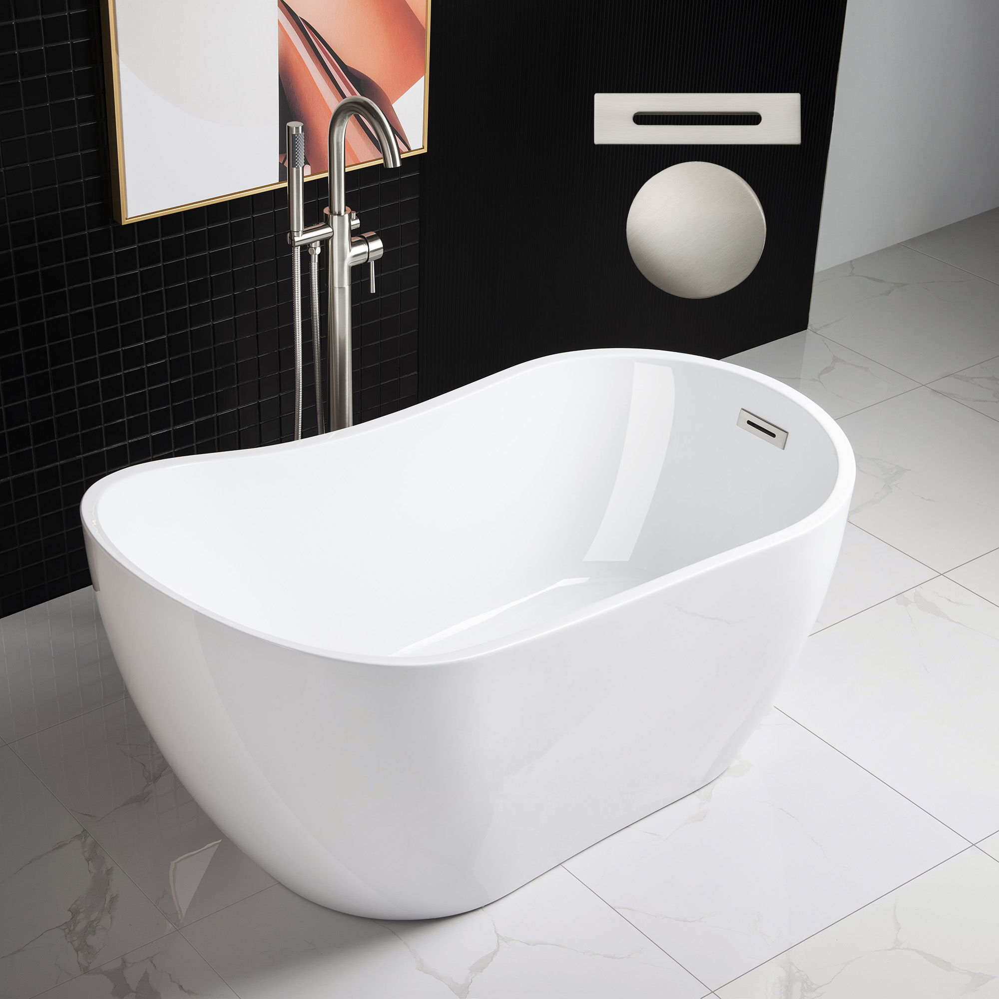 ᐅ【WOODBRIDGE 54" Acrylic Freestanding Bathtub Contemporary Soaking Tub with  Brushed Nickel Overflow and Drain,White Tub,B0006-B/N-Drain&O - WOODBRIDGE】