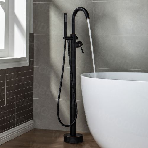 WOODBRIDGE F0010ORBRD Contemporary Single Handle Floor Mount Freestanding Tub Filler Faucet with Hand shower in Oil Rubbed Bronze Finish.