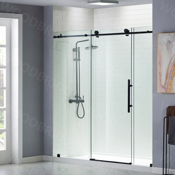 ᐅ【WOODBRIDGE Frameless Shower Doors 68-72 Width x 76Height with  3/8(10mm) Clear Tempered Glass in Matte Black Finish-WOODBRIDGE】