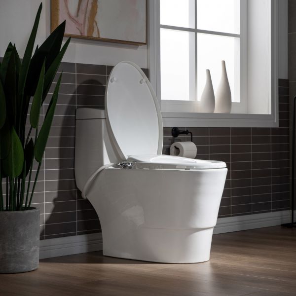 WOODBRIDGE T-0042 One Piece 1.1GPF/1.6 GPF Dual Flush Elongated Toilet with Non-Electric Toilet Seat in White