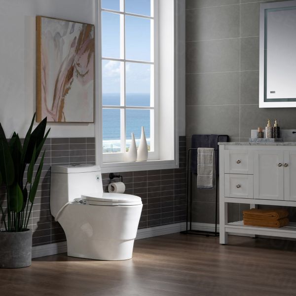  WOODBRIDGE T-0042 One Piece 1.1GPF/1.6 GPF Dual Flush Elongated Toilet with Non-Electric Toilet Seat in White_7997