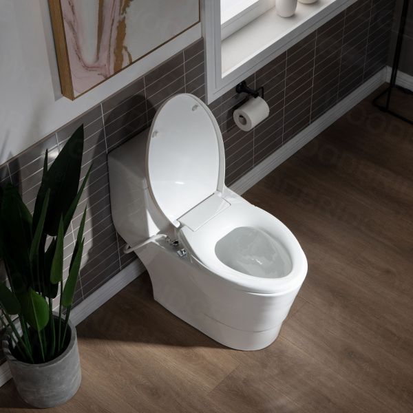  WOODBRIDGE T-0042 One Piece 1.1GPF/1.6 GPF Dual Flush Elongated Toilet with Non-Electric Toilet Seat in White