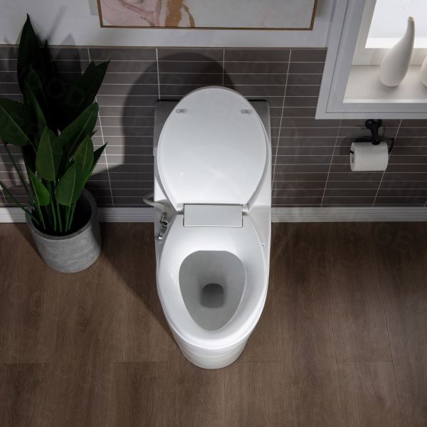 WOODBRIDGE T-0042 One Piece 1.1GPF/1.6 GPF Dual Flush Elongated Toilet with Non-Electric Toilet Seat in White_8004