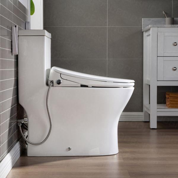  WOODBRIDGE T-0044 One Piece 1.1GPF/1.6 GPF Dual Flush Elongated Toilet with Advance Smart Bidet Bidet in White_7967