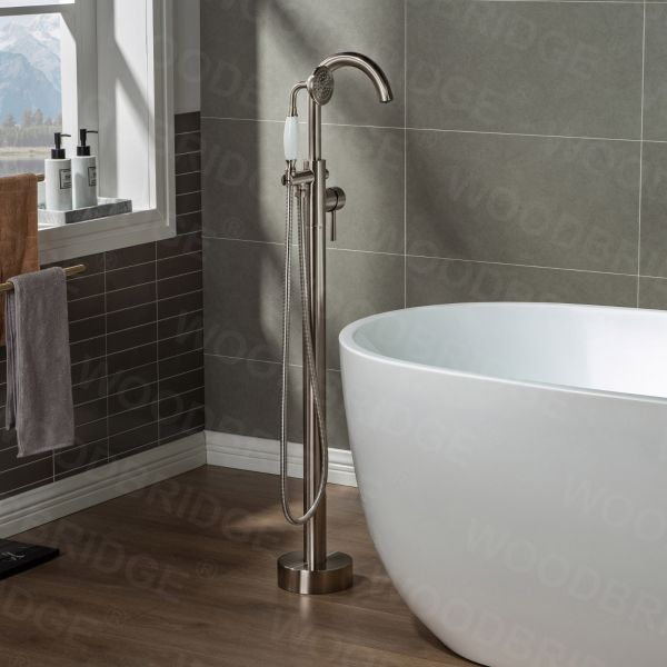WOODBRIDGE WOODBRIDGEE F0001BNVT Contemporary Single Handle Floor Mount Freestanding Tub Filler Faucet with Hand shower, Brushed Nickel