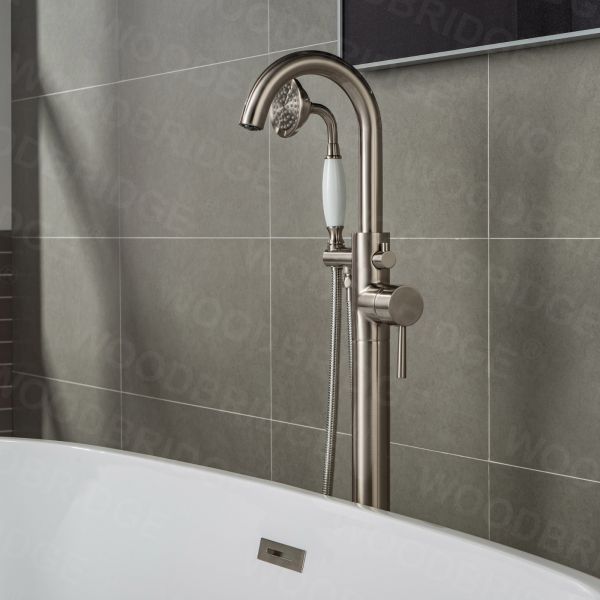  WOODBRIDGE WOODBRIDGEE F0001BNVT Contemporary Single Handle Floor Mount Freestanding Tub Filler Faucet with Hand shower, Brushed Nickel_7879