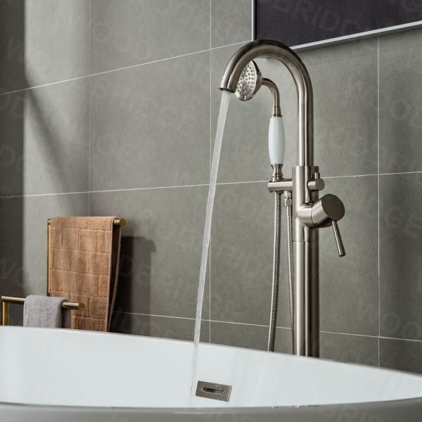  WOODBRIDGE WOODBRIDGEE F0001BNVT Contemporary Single Handle Floor Mount Freestanding Tub Filler Faucet with Hand shower, Brushed Nickel_7882