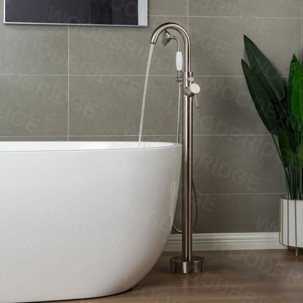  WOODBRIDGE WOODBRIDGEE F0001BNVT Contemporary Single Handle Floor Mount Freestanding Tub Filler Faucet with Hand shower, Brushed Nickel_7881