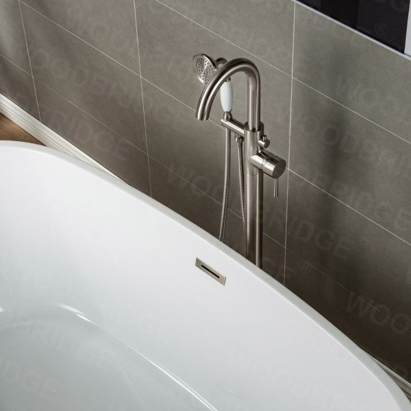  WOODBRIDGE WOODBRIDGEE F0001BNVT Contemporary Single Handle Floor Mount Freestanding Tub Filler Faucet with Hand shower, Brushed Nickel