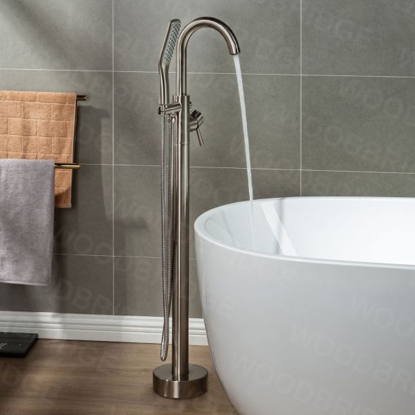 WOODBRIDGE WOODBRIDGEE Contemporary Single Handle Floor Mount Freestanding Tub Filler Faucet with Hand Shower in (Brushed Nickel) Finish,F0001BNSQ