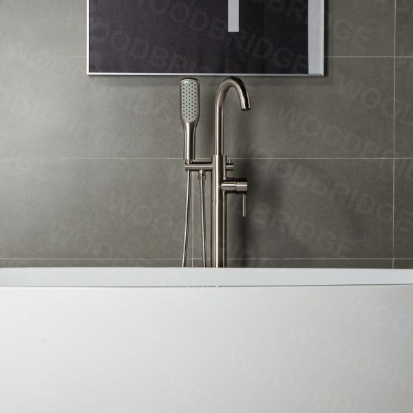  WOODBRIDGE WOODBRIDGEE Contemporary Single Handle Floor Mount Freestanding Tub Filler Faucet with Hand Shower in (Brushed Nickel) Finish,F0001BNSQ_7870