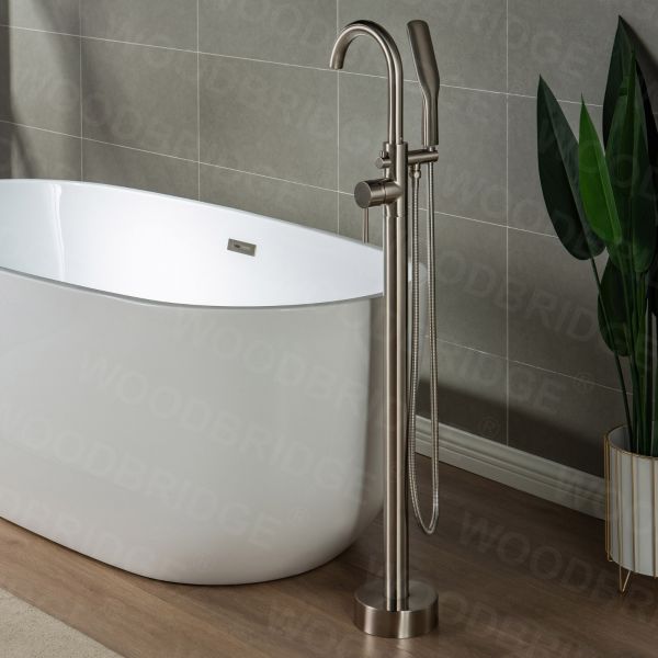  WOODBRIDGE WOODBRIDGEE Contemporary Single Handle Floor Mount Freestanding Tub Filler Faucet with Hand Shower in (Brushed Nickel) Finish,F0001BNSQ_7874