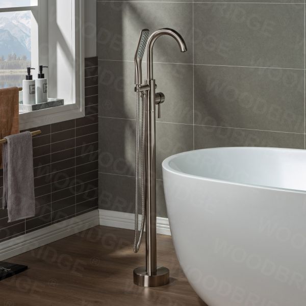 WOODBRIDGE WOODBRIDGEE Contemporary Single Handle Floor Mount Freestanding Tub Filler Faucet with Hand Shower in (Brushed Nickel) Finish,F0001BNSQ