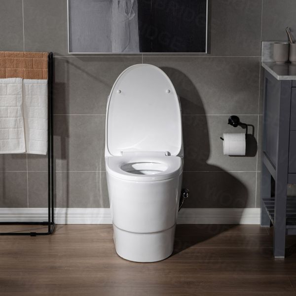 WOODBRIDGEE One Piece Toilet with Soft Closing Seat, Chair Height, 1.28 GPF Dual, Water Sensed, 1000 Gram MaP Flushing Score Toilet with Matte Black Button T0001-MB, White
