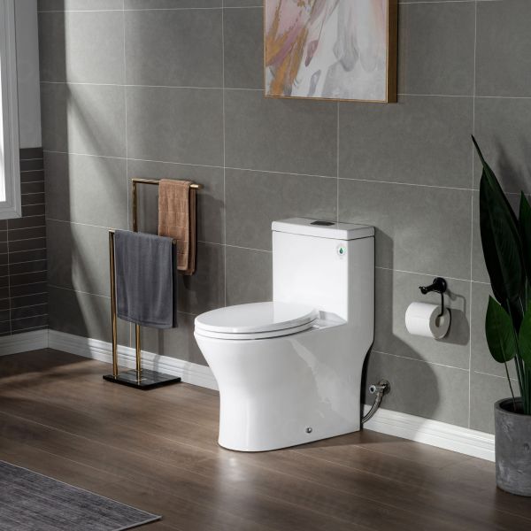  WOODBRIDGE One Piece Short Compact Bathroom Tiny Mini Commode Water Closet Dual Flush Concealed Trapway, Matte Black Button B0500-MB, White
