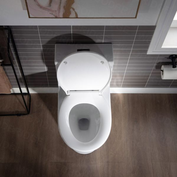  WOODBRIDGE One Piece Short Compact Bathroom Tiny Mini Commode Water Closet Dual Flush Concealed Trapway, Matte Black Button B0500-MB, White