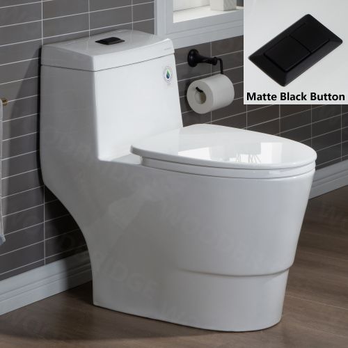 WOODBRIDGEE One Piece Toilet with Soft Closing Seat, Chair Height, 1.28 GPF Dual, Water Sensed, 1000 Gram MaP Flushing Score Toilet with Matte Black Button T0001-MB, White