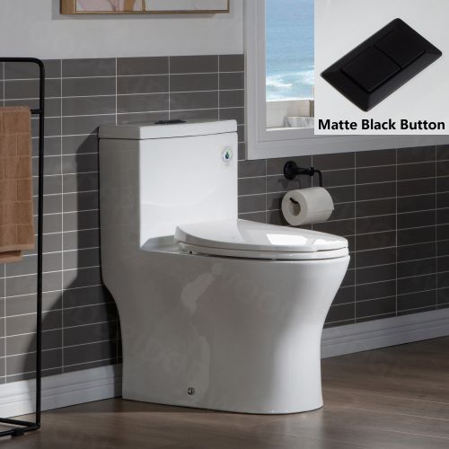 WOODBRIDGE Modern One Piece Dual Flush 1.28 GP Toilet,with Soft Closing Seat, Matte Black Button B0750-MB, White