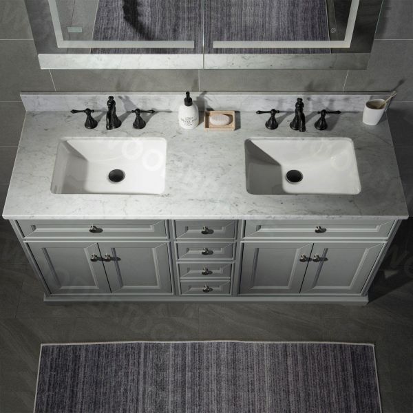 ᐅ【WOODBRIDGE London 60Bathroom Vanity with Engineered Marble White Carrara  Color top 8 faucet holes, Double Rectangle Undermount Sinks, 4 Soft Closing  Doors and 3 full Extension Dovetail Drawers