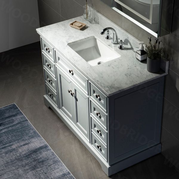 ᐅ【WOODBRIDGE London 60Bathroom Vanity with Engineered Marble White Carrara  Color top 8 faucet holes, Double Rectangle Undermount Sinks, 4 Soft Closing  Doors and 3 full Extension Dovetail Drawers