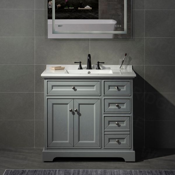 ᐅ【WOODBRIDGE London 36" Solid Wood Bathroom Vanity with White Solid Surface top 4" faucet holes
