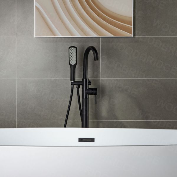  WOODBRIDGE F0006MBSQ Fusion Single Handle Floor Mount Freestanding Tub Filler Faucet with Square Shape Comfort Grip Hand Shower in Matte Black Finish._6946