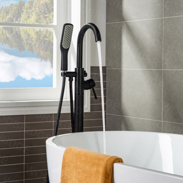  WOODBRIDGE F0006MBSQ Fusion Single Handle Floor Mount Freestanding Tub Filler Faucet with Square Shape Comfort Grip Hand Shower in Matte Black Finish._6947