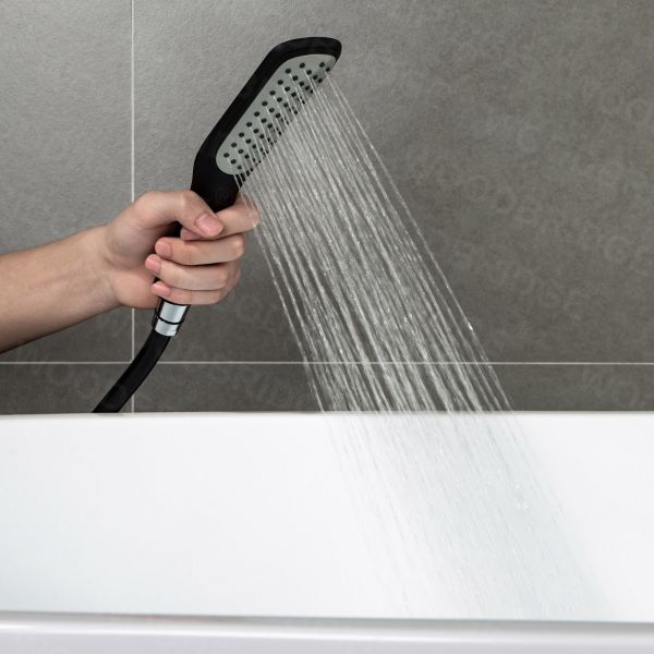  WOODBRIDGE F0006MBSQ Fusion Single Handle Floor Mount Freestanding Tub Filler Faucet with Square Shape Comfort Grip Hand Shower in Matte Black Finish._6949