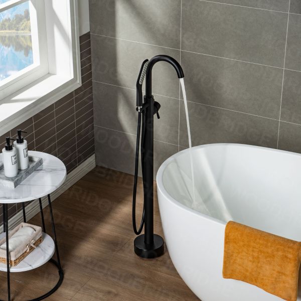  WOODBRIDGE F0006MBSQ Fusion Single Handle Floor Mount Freestanding Tub Filler Faucet with Square Shape Comfort Grip Hand Shower in Matte Black Finish._6950