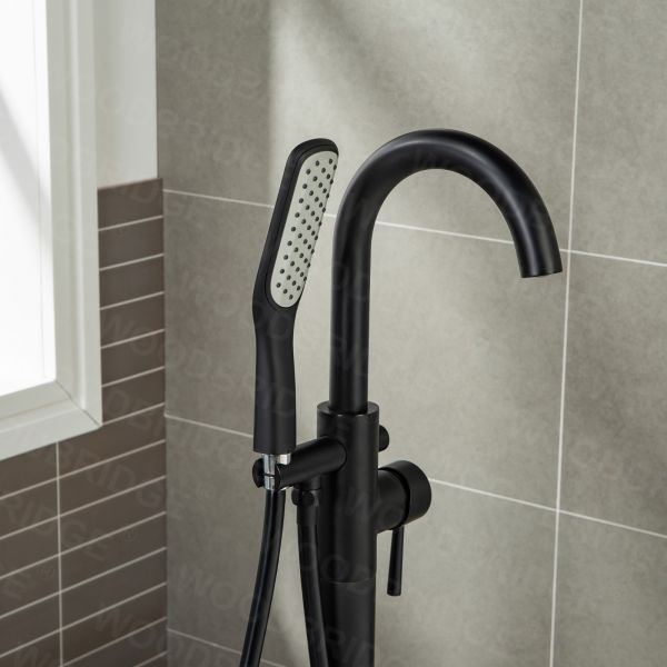  WOODBRIDGE F0006MBSQ Fusion Single Handle Floor Mount Freestanding Tub Filler Faucet with Square Shape Comfort Grip Hand Shower in Matte Black Finish._6951