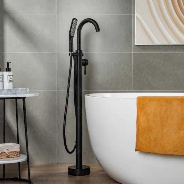  WOODBRIDGE F0006MBSQ Fusion Single Handle Floor Mount Freestanding Tub Filler Faucet with Square Shape Comfort Grip Hand Shower in Matte Black Finish._6952