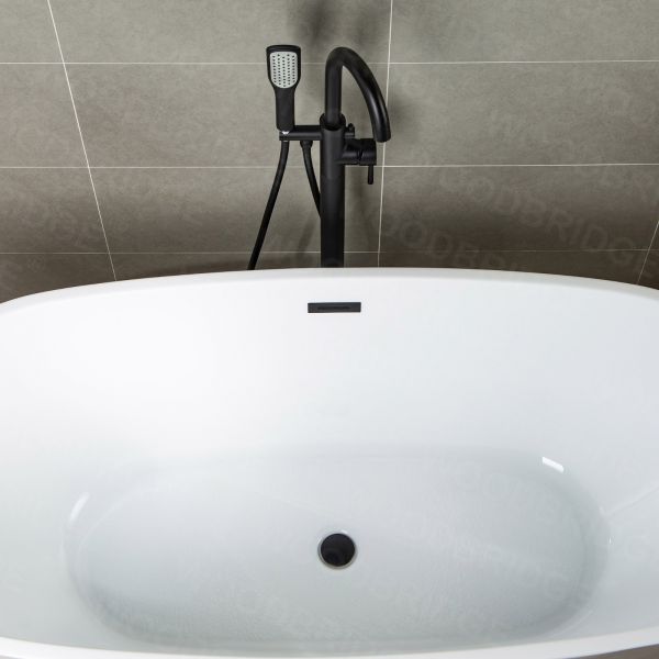 WOODBRIDGE F0006MBSQ Fusion Single Handle Floor Mount Freestanding Tub Filler Faucet with Square Shape Comfort Grip Hand Shower in Matte Black Finish.