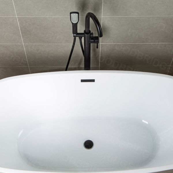  WOODBRIDGE F0006MBSQ Fusion Single Handle Floor Mount Freestanding Tub Filler Faucet with Square Shape Comfort Grip Hand Shower in Matte Black Finish._6954