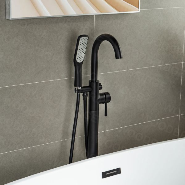  WOODBRIDGE F0006MBSQ Fusion Single Handle Floor Mount Freestanding Tub Filler Faucet with Square Shape Comfort Grip Hand Shower in Matte Black Finish._6953