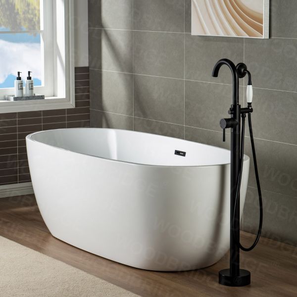  WOODBRIDGE F0006MBVT Fusion Single Handle Floor Mount Freestanding Tub Filler Faucet with Telephone Hand shower in Matte Black Finish._6959