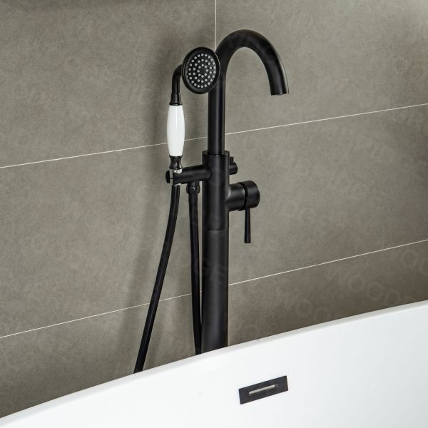  WOODBRIDGE F0006MBVT Fusion Single Handle Floor Mount Freestanding Tub Filler Faucet with Telephone Hand shower in Matte Black Finish.