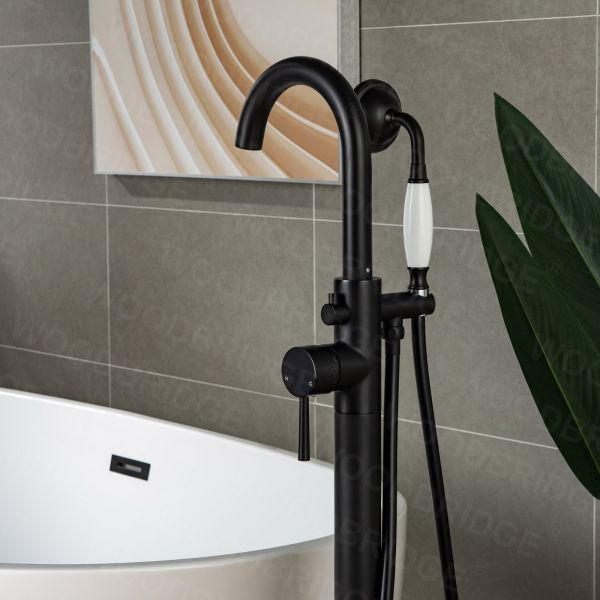  WOODBRIDGE F0006MBVT Fusion Single Handle Floor Mount Freestanding Tub Filler Faucet with Telephone Hand shower in Matte Black Finish._6962