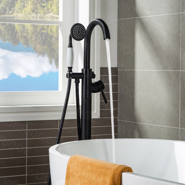  WOODBRIDGE F0006MBVT Fusion Single Handle Floor Mount Freestanding Tub Filler Faucet with Telephone Hand shower in Matte Black Finish._6963