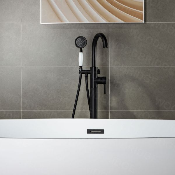 WOODBRIDGE F0006MBVT Fusion Single Handle Floor Mount Freestanding Tub Filler Faucet with Telephone Hand shower in Matte Black Finish.