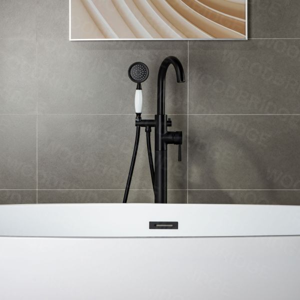  WOODBRIDGE F0006MBVT Fusion Single Handle Floor Mount Freestanding Tub Filler Faucet with Telephone Hand shower in Matte Black Finish._6967