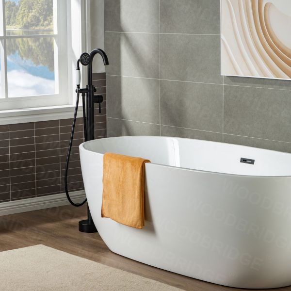  WOODBRIDGE F0006MBVT Fusion Single Handle Floor Mount Freestanding Tub Filler Faucet with Telephone Hand shower in Matte Black Finish._6968