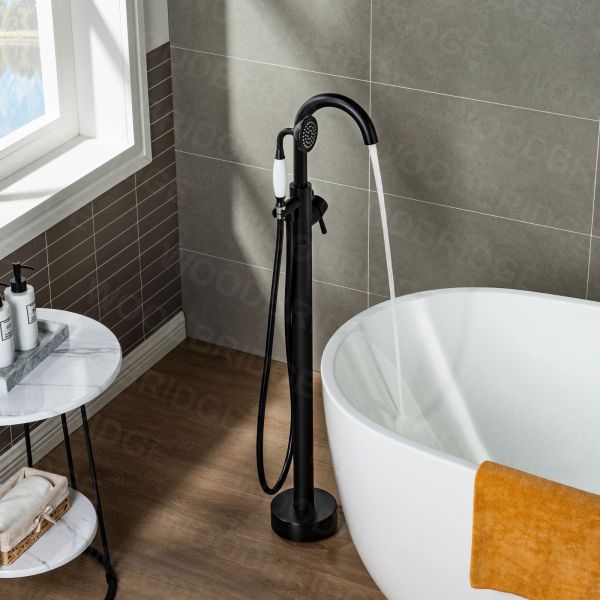  WOODBRIDGE F0006MBVT Fusion Single Handle Floor Mount Freestanding Tub Filler Faucet with Telephone Hand shower in Matte Black Finish._6970