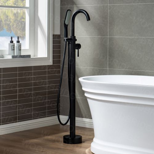 WOODBRIDGE F0006MBSQ Fusion Single Handle Floor Mount Freestanding Tub Filler Faucet with Square Shape Comfort Grip Hand Shower in Matte Black Finish.