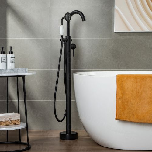 WOODBRIDGE F0006MBVT Fusion Single Handle Floor Mount Freestanding Tub Filler Faucet with Telephone Hand shower in Matte Black Finish.