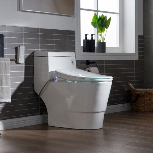 WOODBRIDGE T-0041 Elongated one Piece toilet with Smart Bidet Seat, Electronic Advanced Self Cleaning, Soft Close Lid, Adjustable Water Temperature, LED Nightlight, Heated Seat, Warm air Dryer. WHITE